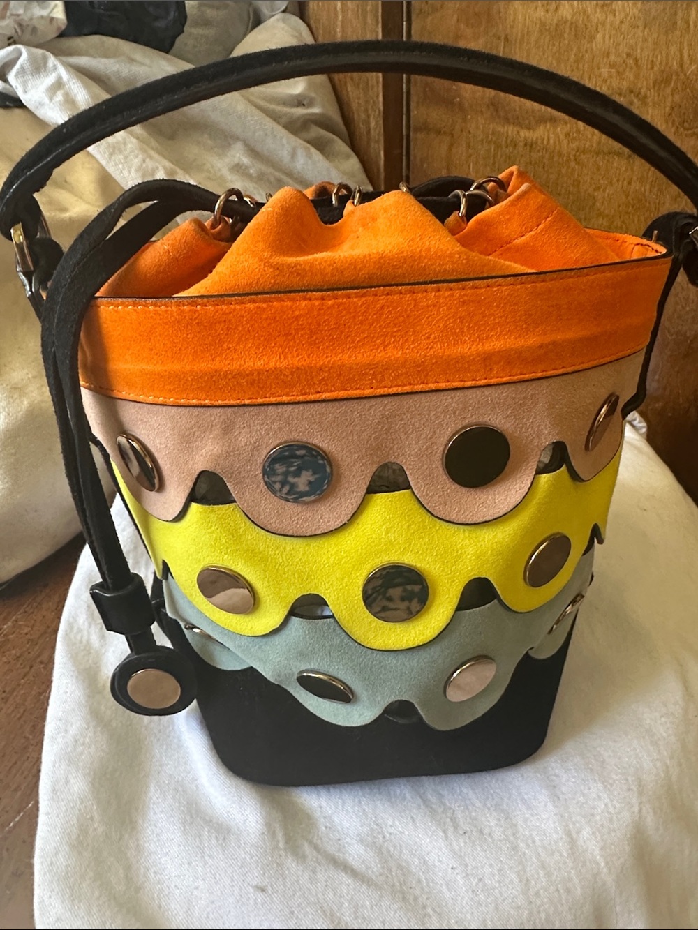 Pierre Hardy Colorblock Suede Bucket Bag – Orange, Pink, Yellow, Blue, Black